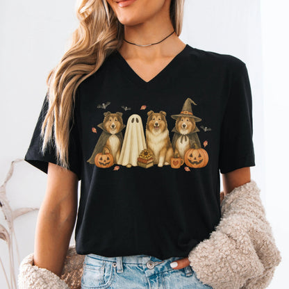 Halloween Rough Collie Dog Bella Canvas V-Neck Tee