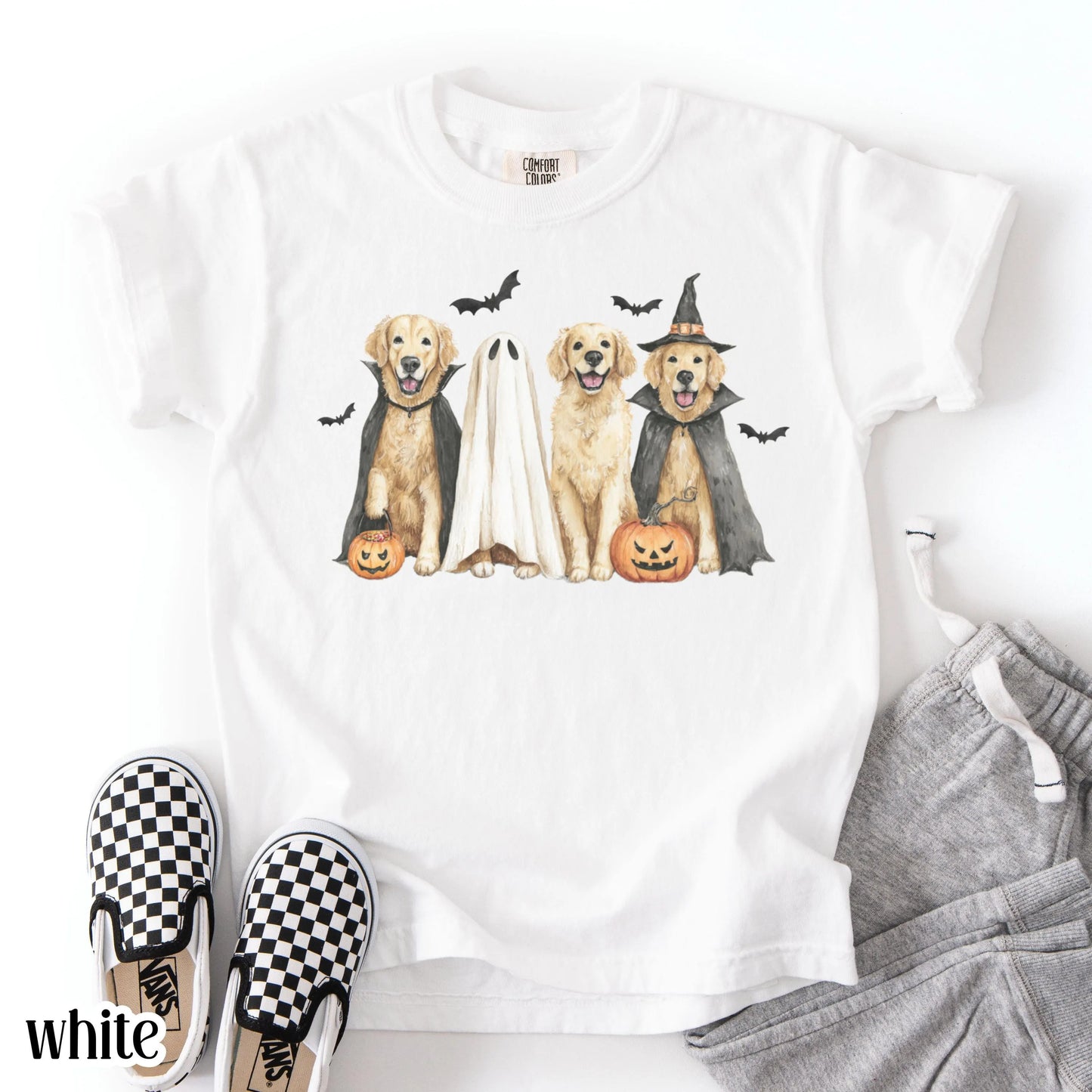 Kids Halloween Dog Comfort Colors Shirt Pumpkin Golden Retriever Fall Spooky Season Tshirt Ghost Jackolantern Dog Lover Tee Cute Bat T-Shirt