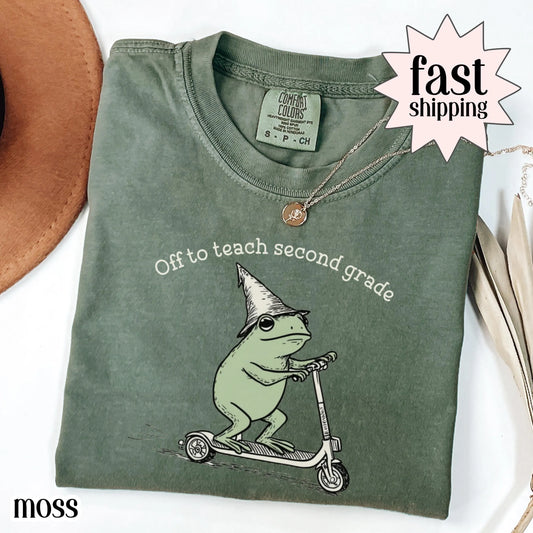 Second Grade Teacher Frog Comfort Colors Shirt Teaching 2nd Grade Tshirt Back to School Team Tee Funny Frog Scooter Gift For Teacher