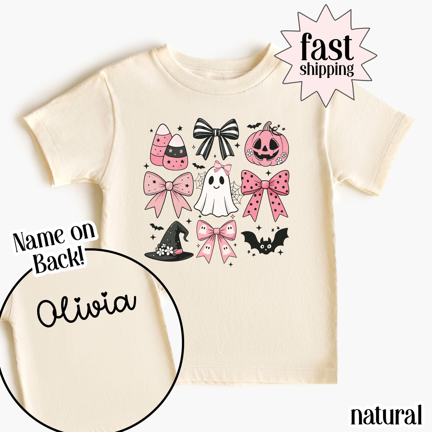 Personalized Pink Bow Ghost Kids Halloween Tee