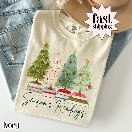 Teacher Christmas Comfort Colors Shirt Bookish Reading TShirt Tis The Season Xmas Holiday Tree Librarian Book Tshirt Seasons Readings Tee
