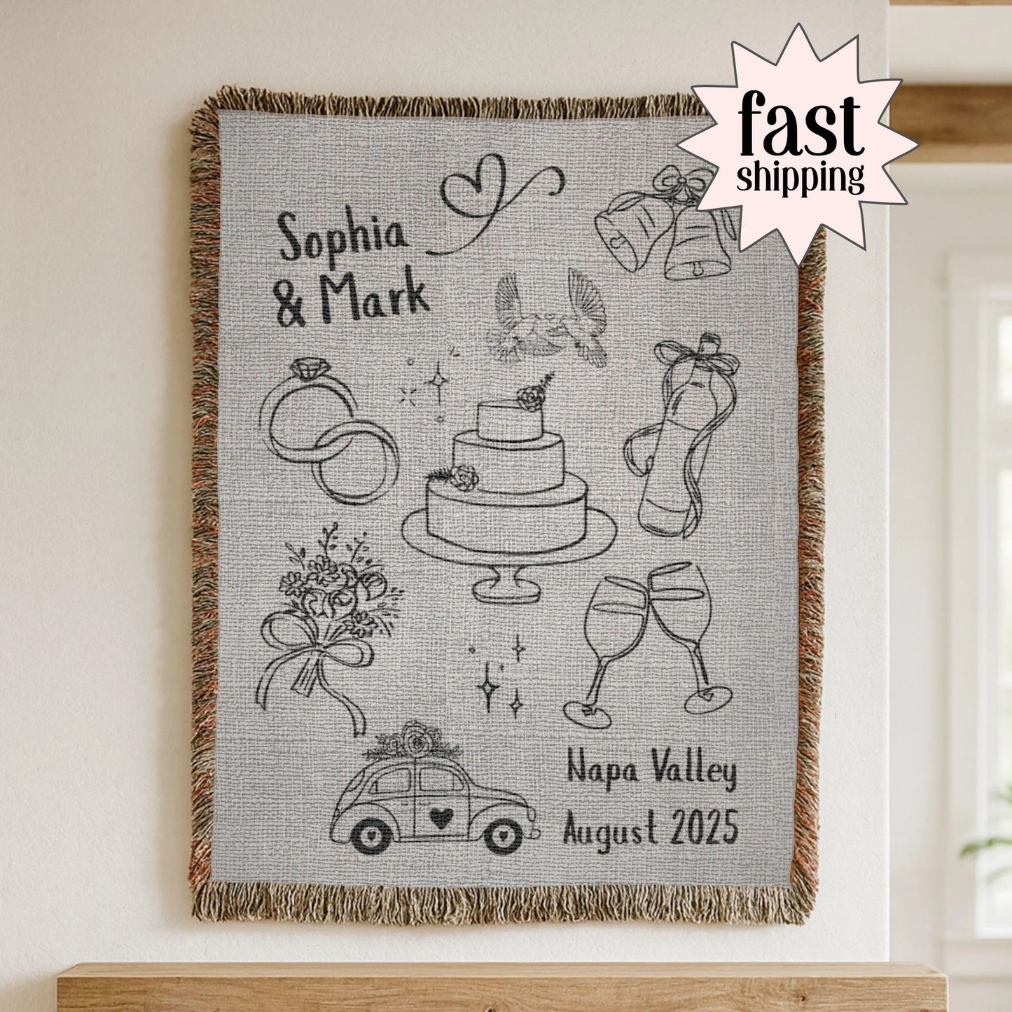 Wedding Woven Throw Blanket Personalized Napa Location Going To Chapel Custom Blanket Woven Tapestry Custom Bride Bridal Shower Blanket