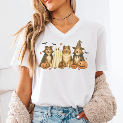 Halloween Rough Collie Dog Bella Canvas V-Neck Tee