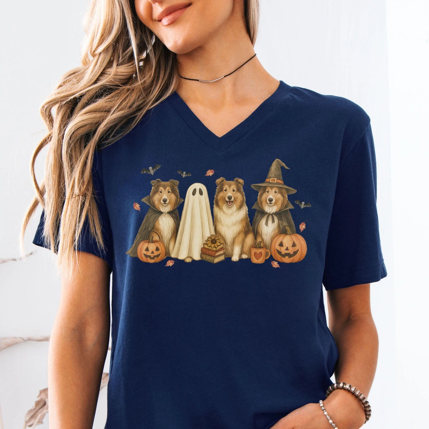 Halloween Rough Collie Dog Bella Canvas V-Neck Tee