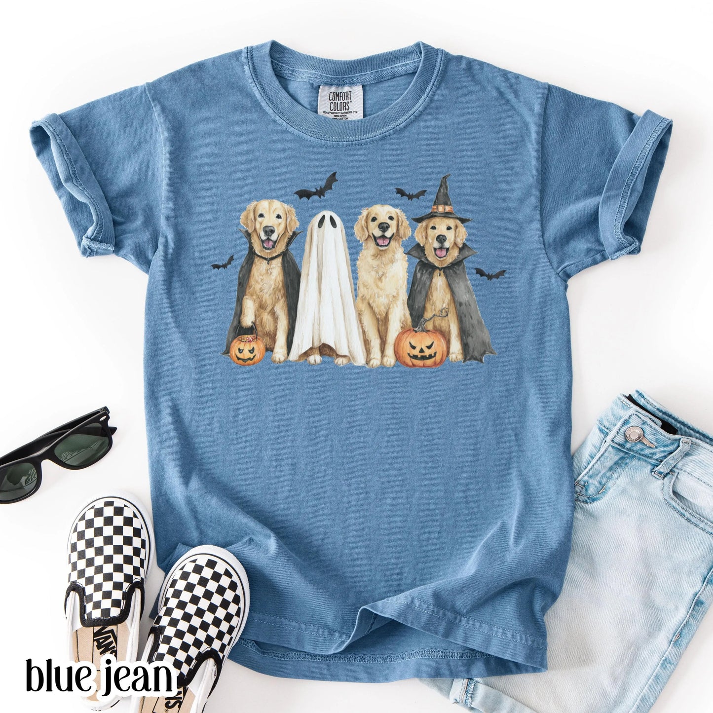 Kids Halloween Dog Comfort Colors Shirt Pumpkin Golden Retriever Fall Spooky Season Tshirt Ghost Jackolantern Dog Lover Tee Cute Bat T-Shirt