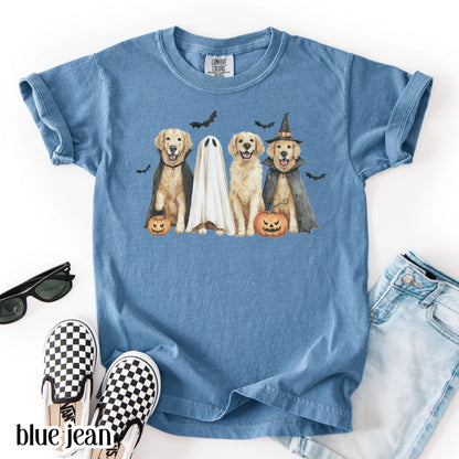 Kids Halloween Dog Comfort Colors Shirt Pumpkin Golden Retriever Fall Spooky Season Tshirt Ghost Jackolantern Dog Lover Tee Cute Bat T-Shirt