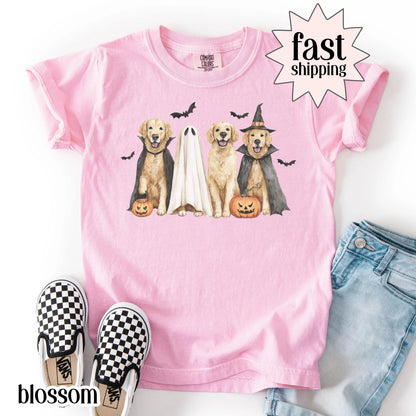 Kids Halloween Dog Comfort Colors Shirt Pumpkin Golden Retriever Fall Spooky Season Tshirt Ghost Jackolantern Dog Lover Tee Cute Bat T-Shirt