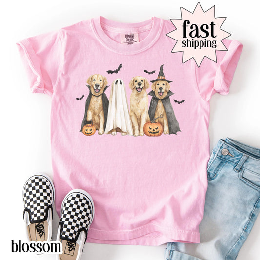 Kids Halloween Dog Comfort Colors Shirt Pumpkin Golden Retriever Fall Spooky Season Tshirt Ghost Jackolantern Dog Lover Tee Cute Bat T-Shirt