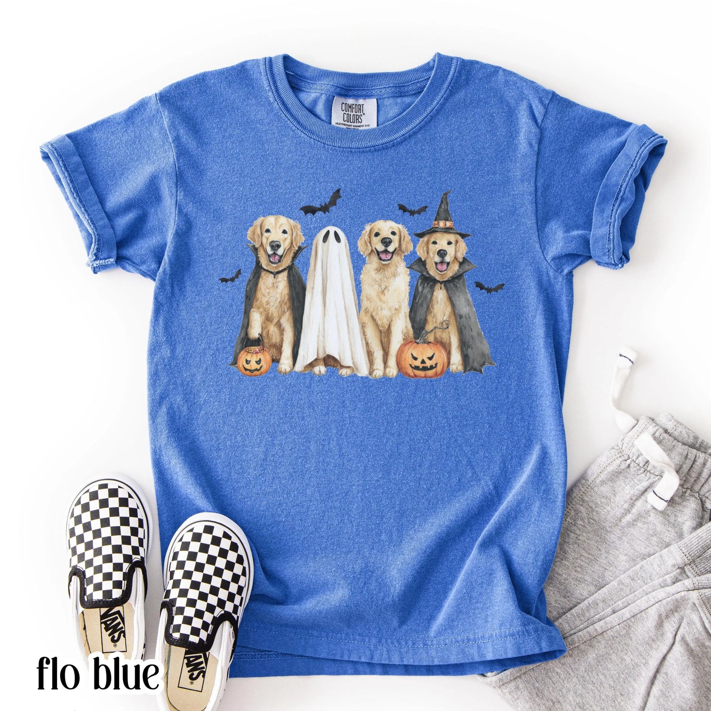 Kids Halloween Dog Comfort Colors Shirt Pumpkin Golden Retriever Fall Spooky Season Tshirt Ghost Jackolantern Dog Lover Tee Cute Bat T-Shirt