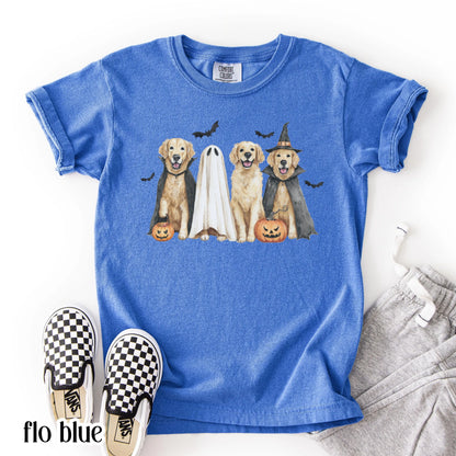 Kids Halloween Dog Comfort Colors Shirt Pumpkin Golden Retriever Fall Spooky Season Tshirt Ghost Jackolantern Dog Lover Tee Cute Bat T-Shirt