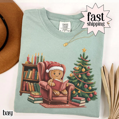 Gingerbread Christmas Comfort Colors Shirt Reading Boook Ginger Bread Cookie Tee Book Lover Xmas Tshirt Retro Holiday Tree Christmas Shirt