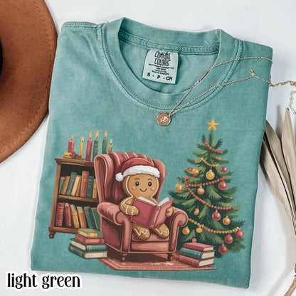 Gingerbread Christmas Comfort Colors Shirt Reading Boook Ginger Bread Cookie Tee Book Lover Xmas Tshirt Retro Holiday Tree Christmas Shirt