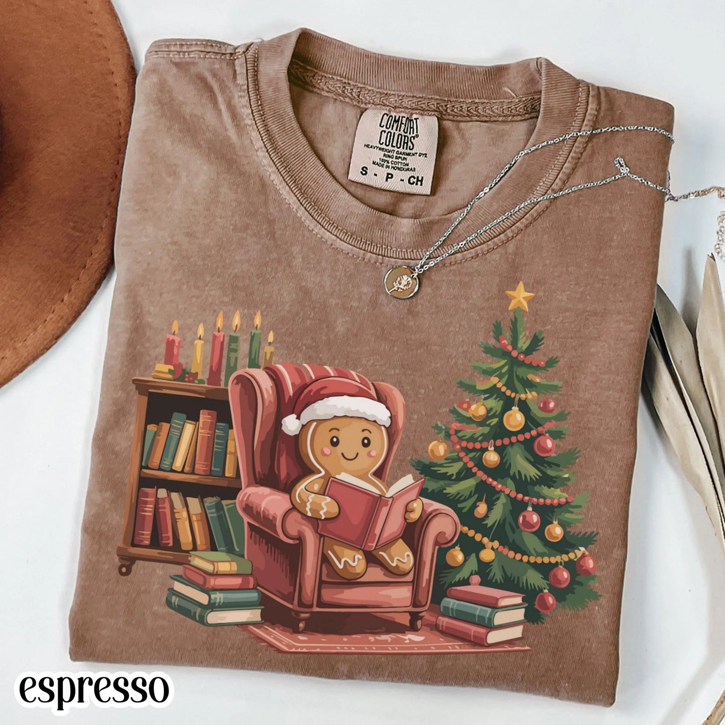 Gingerbread Christmas Comfort Colors Shirt Reading Boook Ginger Bread Cookie Tee Book Lover Xmas Tshirt Retro Holiday Tree Christmas Shirt