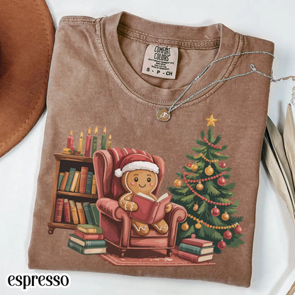 Gingerbread Christmas Comfort Colors Shirt Reading Boook Ginger Bread Cookie Tee Book Lover Xmas Tshirt Retro Holiday Tree Christmas Shirt