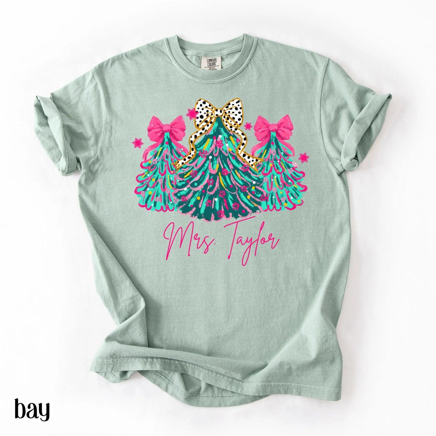 Christmas Teacher Comfort Colors Shirt Christms Tree Bow Holiday Custom Preschool Tee Kindergarten Xmas Tshirt First Grade Name T-Shirt