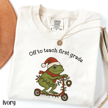 Christmas First Grade Teacher Comfort Colors Shirt 1st Grade Teacher Tshirt 1st Grade Funny Frog Off To Teach Xmas 1st Grade Teacher Tee