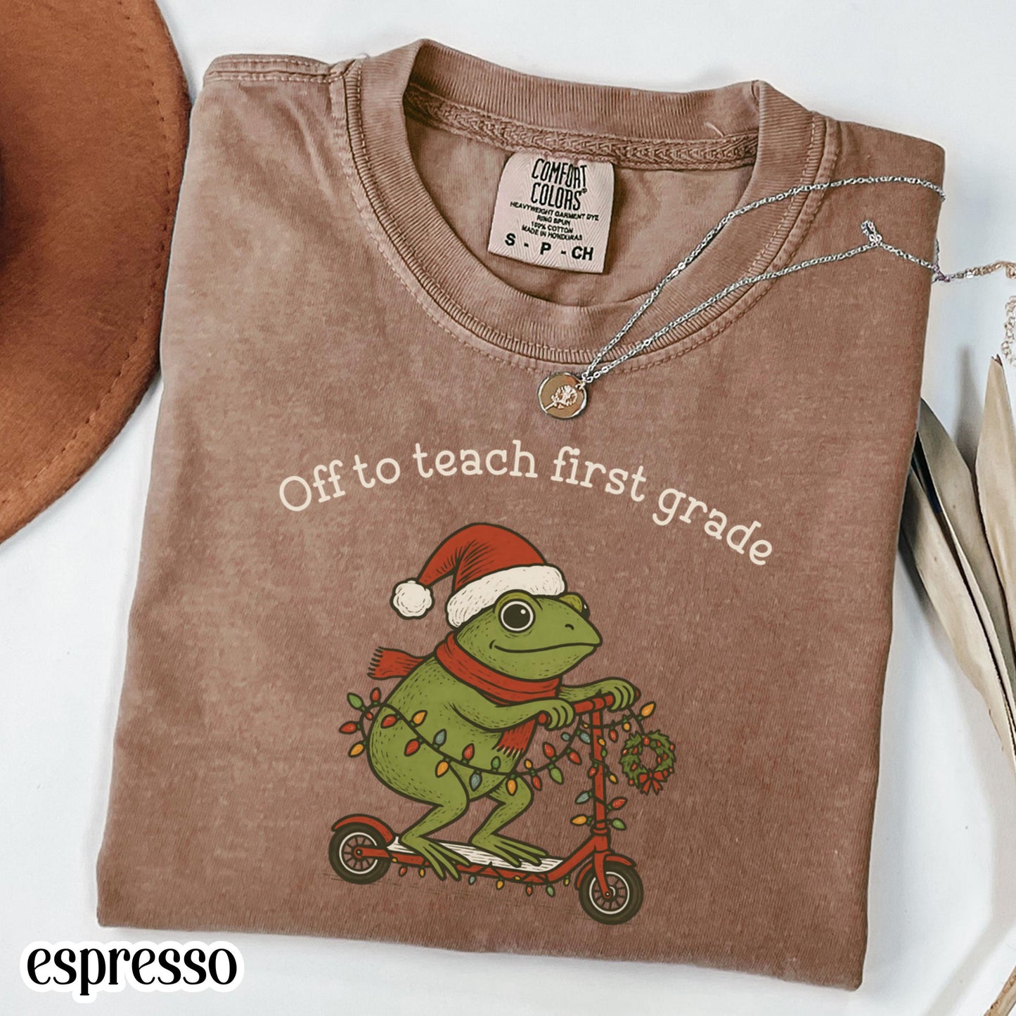 Christmas First Grade Teacher Comfort Colors Shirt 1st Grade Teacher Tshirt 1st Grade Funny Frog Off To Teach Xmas 1st Grade Teacher Tee
