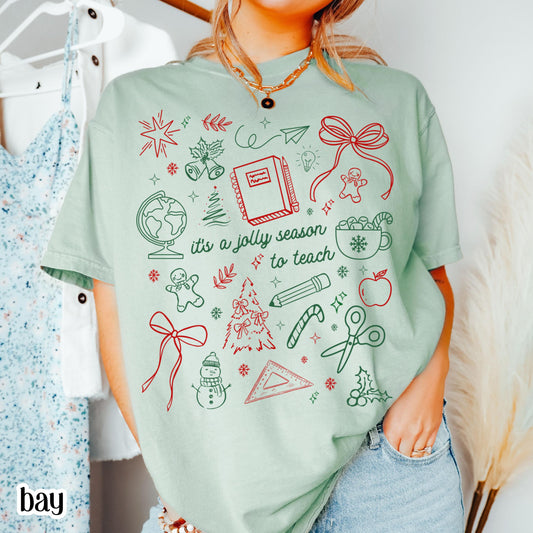 Teacher Christmas Comfort Colors Shirt Preschool Teach Tshirt Kindergarten 1st Grade Holiday Season Tee Festive Xmas Tee T-shirt Gift Women
