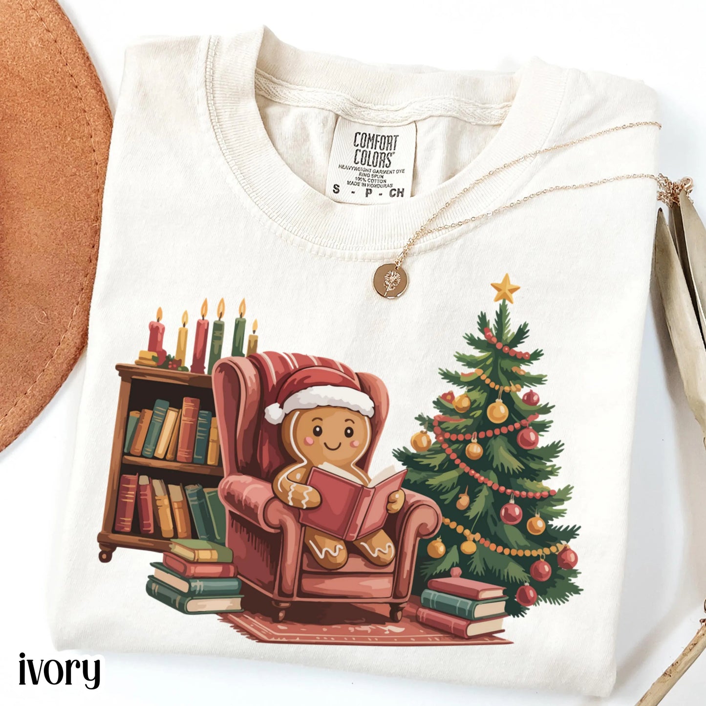 Gingerbread Christmas Comfort Colors Shirt Reading Boook Ginger Bread Cookie Tee Book Lover Xmas Tshirt Retro Holiday Tree Christmas Shirt