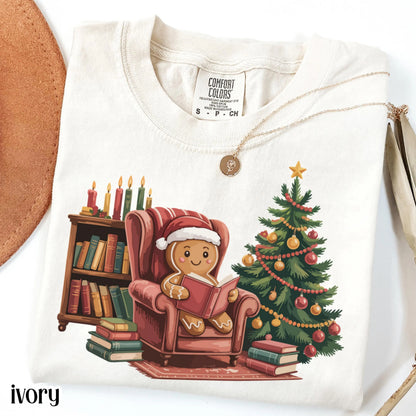 Gingerbread Christmas Comfort Colors Shirt Reading Boook Ginger Bread Cookie Tee Book Lover Xmas Tshirt Retro Holiday Tree Christmas Shirt
