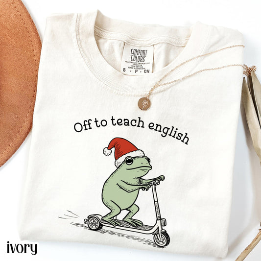 Christmas English Teacher Comfort Colors Shirt Teaching Literature Tee High School Teacher TShirt Funny Frog Scooter Gift English Teacher
