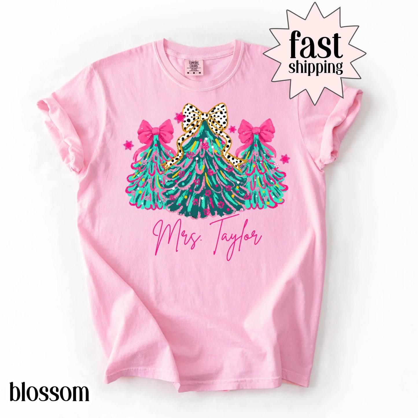 Christmas Teacher Comfort Colors Shirt Christms Tree Bow Holiday Custom Preschool Tee Kindergarten Xmas Tshirt First Grade Name T-Shirt