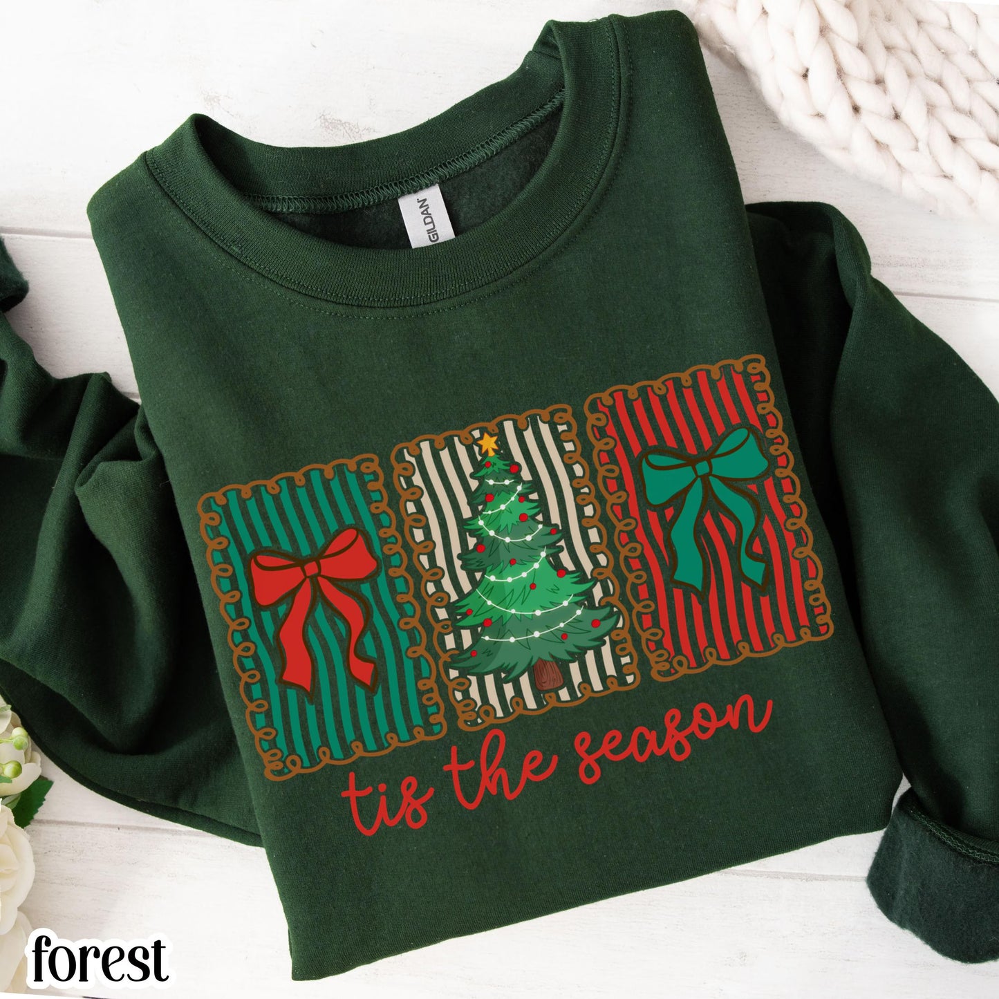 Tis The Season Bow & Stripe Christmas Sweatshirt