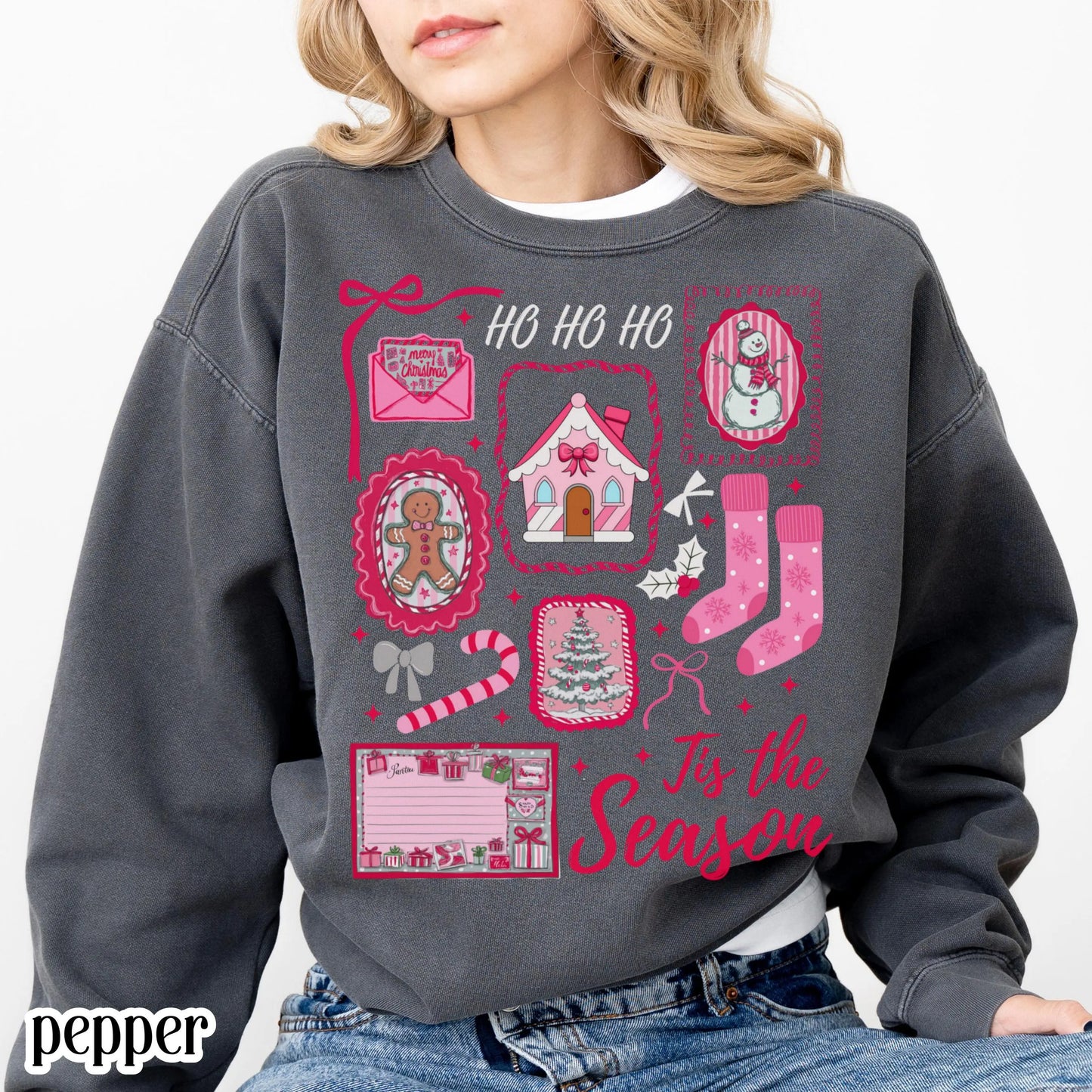 Pink Candy Cane Bow & Santa Comfort Colors Sweatshirt