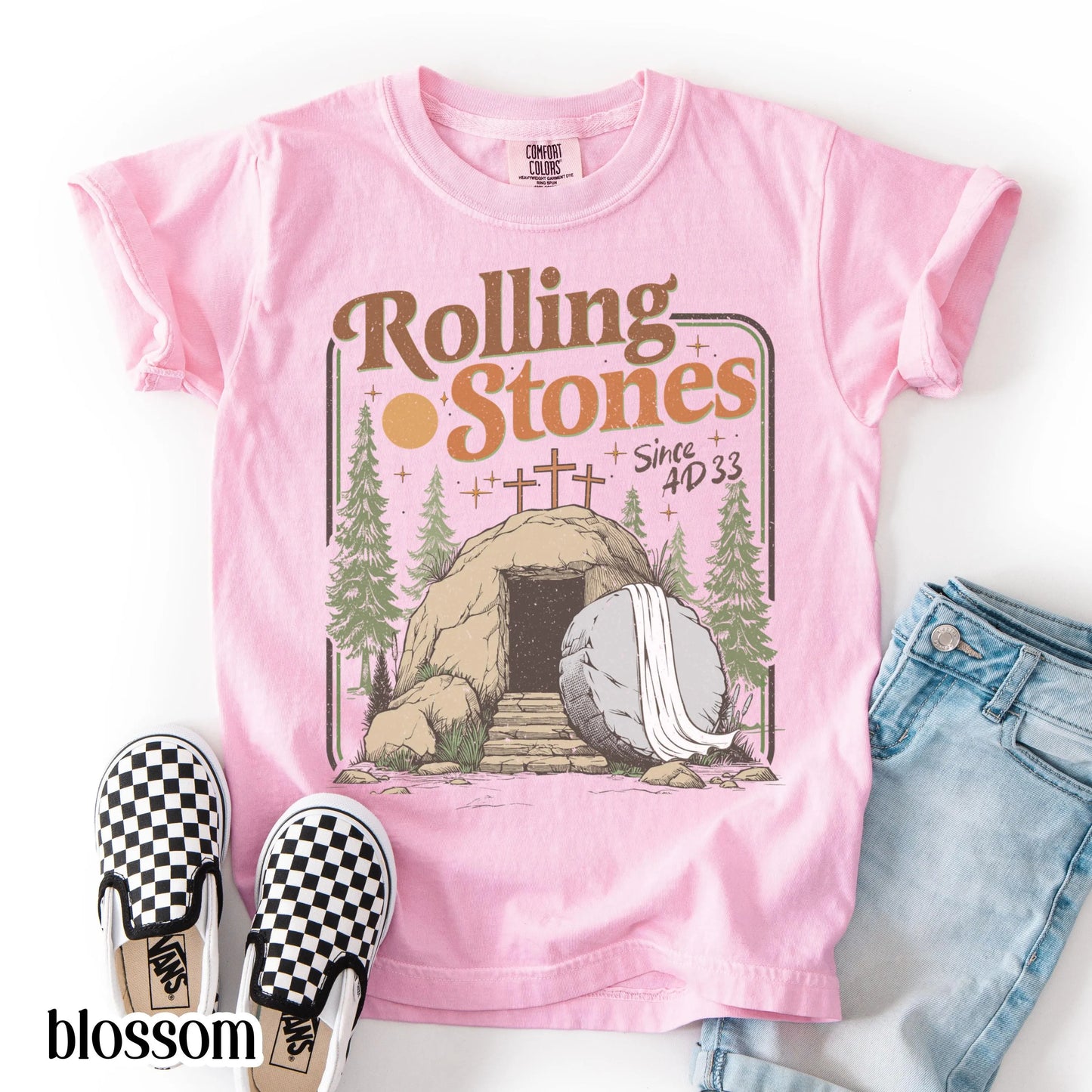 Kids Comfort Colors Rolling Christian T-Shirt Youth Stones Easter Jesus Christ Shirt Gift For Christian Childrens Faith-Based Graphic Tee