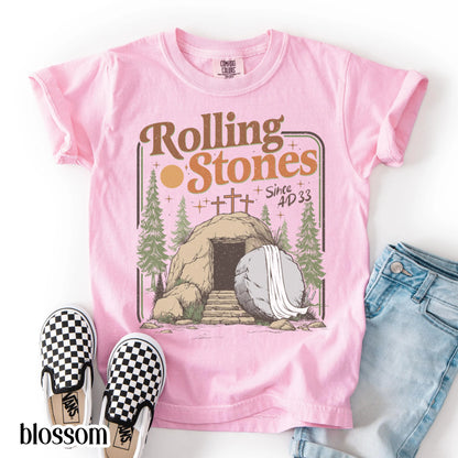 Kids Comfort Colors Rolling Christian T-Shirt Youth Stones Easter Jesus Christ Shirt Gift For Christian Childrens Faith-Based Graphic Tee