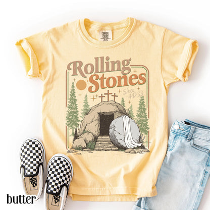 Kids Comfort Colors Rolling Christian T-Shirt Youth Stones Easter Jesus Christ Shirt Gift For Christian Childrens Faith-Based Graphic Tee