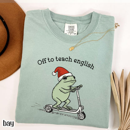 Christmas English Teacher Comfort Colors Shirt Teaching Literature Tee High School Teacher TShirt Funny Frog Scooter Gift English Teacher