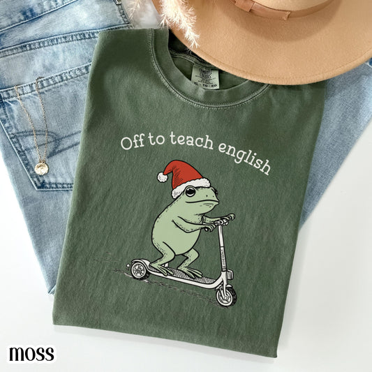 Christmas English Teacher Comfort Colors Shirt Teaching Literature Tee High School Teacher TShirt Funny Frog Scooter Gift English Teacher