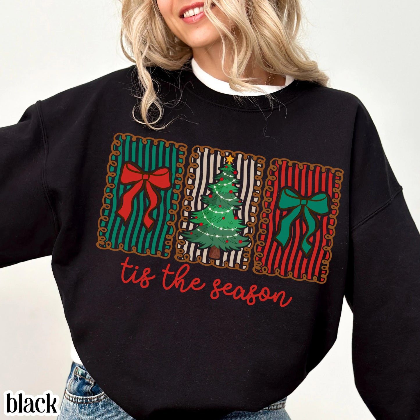 Tis The Season Bow & Stripe Christmas Sweatshirt