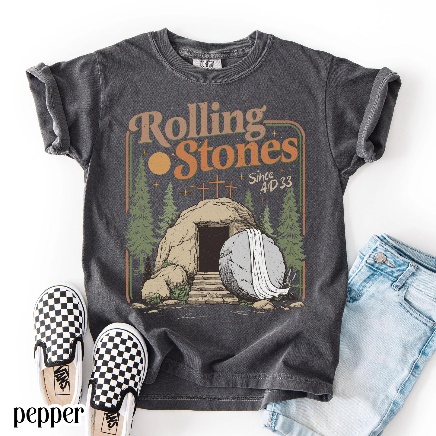 Kids Comfort Colors Rolling Christian T-Shirt Youth Stones Easter Jesus Christ Shirt Gift For Christian Childrens Faith-Based Graphic Tee