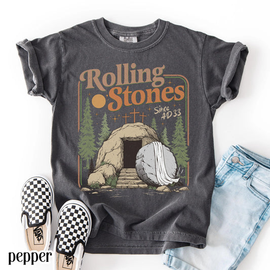 Kids Comfort Colors Rolling Christian T-Shirt Youth Stones Easter Jesus Christ Shirt Gift For Christian Childrens Faith-Based Graphic Tee