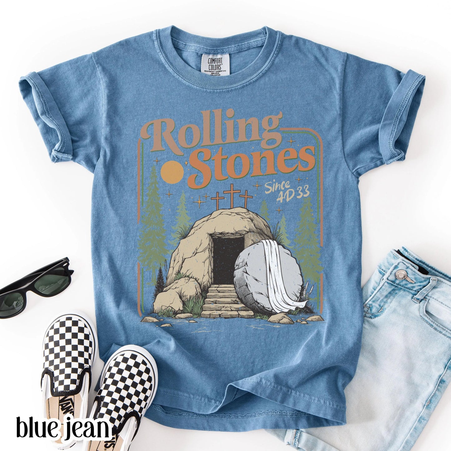 Kids Comfort Colors Rolling Christian T-Shirt Youth Stones Easter Jesus Christ Shirt Gift For Christian Childrens Faith-Based Graphic Tee