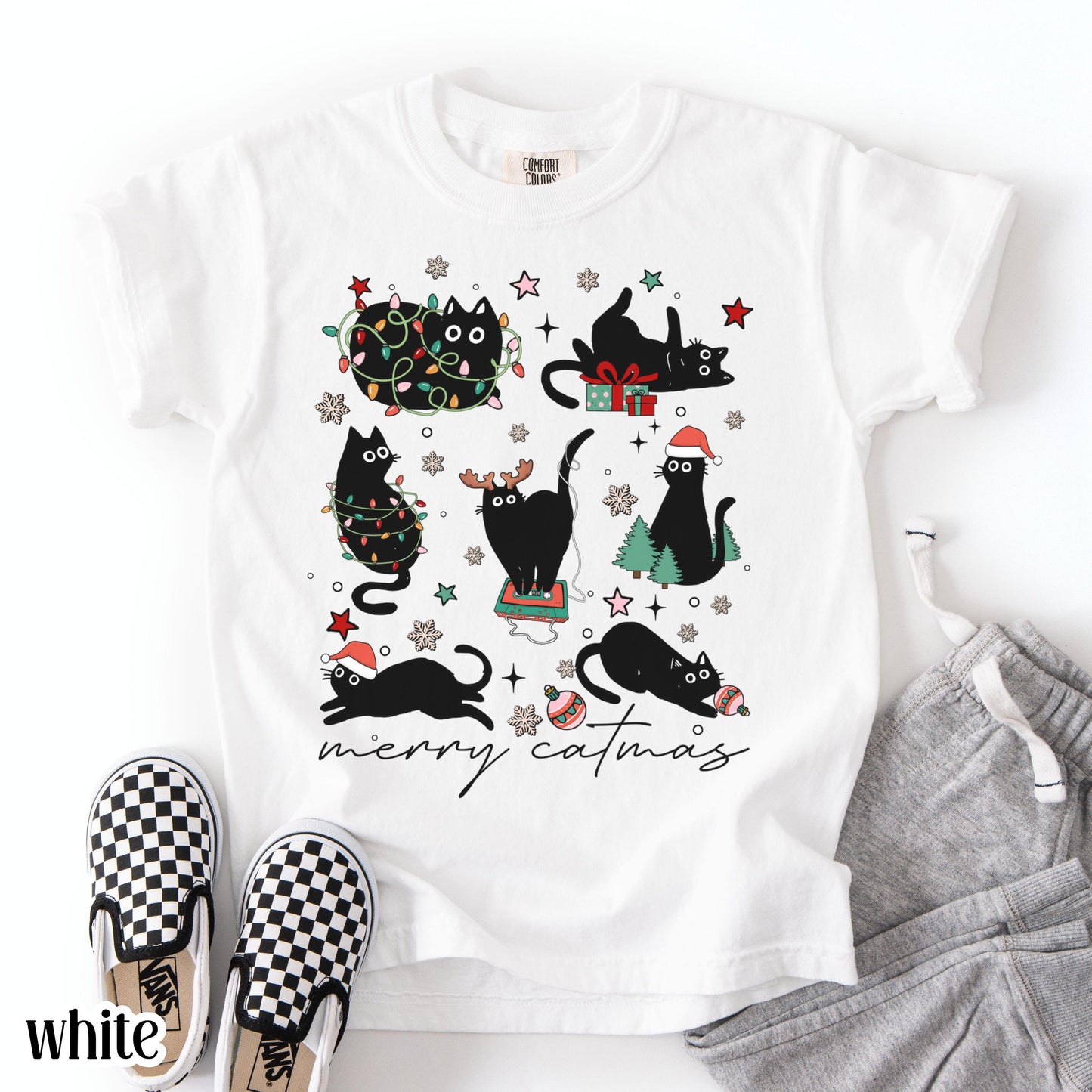 Youth Christmas Cat Comfort Colors Shirt Catmas Christmas Tree Light Its Fine Holiday Tshirt Kid Kitty Black Cat Xmas Tee Festive T-shirt