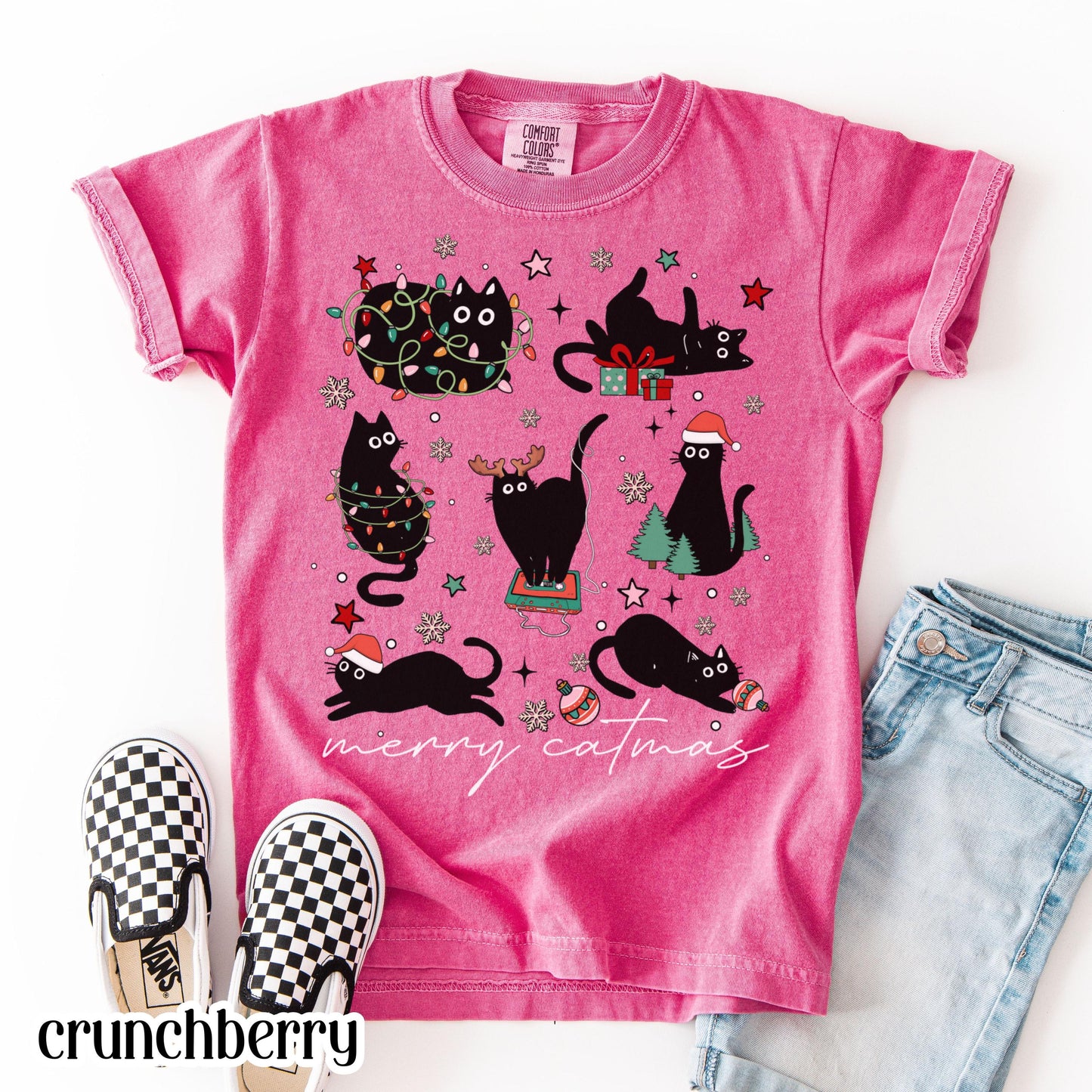 Youth Christmas Cat Comfort Colors Shirt Catmas Christmas Tree Light Its Fine Holiday Tshirt Kid Kitty Black Cat Xmas Tee Festive T-shirt