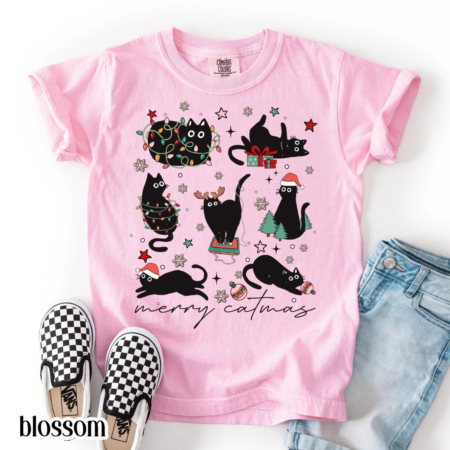 Youth Christmas Cat Comfort Colors Shirt Catmas Christmas Tree Light Its Fine Holiday Tshirt Kid Kitty Black Cat Xmas Tee Festive T-shirt