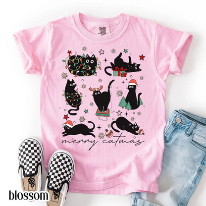 Youth Christmas Cat Comfort Colors Shirt Catmas Christmas Tree Light Its Fine Holiday Tshirt Kid Kitty Black Cat Xmas Tee Festive T-shirt