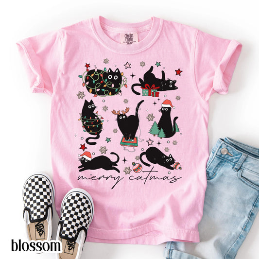 Youth Christmas Cat Comfort Colors Shirt Catmas Christmas Tree Light Its Fine Holiday Tshirt Kid Kitty Black Cat Xmas Tee Festive T-shirt