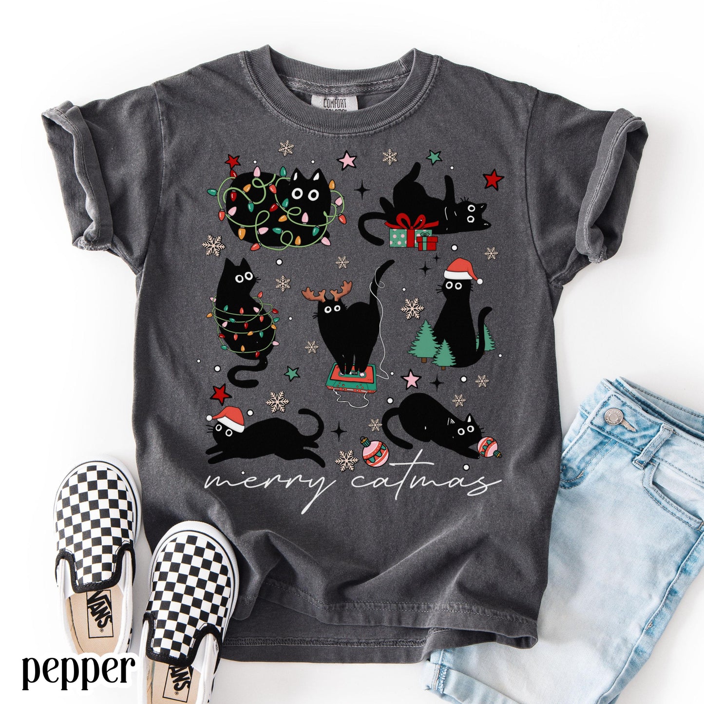 Youth Christmas Cat Comfort Colors Shirt Catmas Christmas Tree Light Its Fine Holiday Tshirt Kid Kitty Black Cat Xmas Tee Festive T-shirt