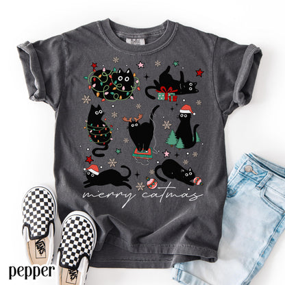 Youth Christmas Cat Comfort Colors Shirt Catmas Christmas Tree Light Its Fine Holiday Tshirt Kid Kitty Black Cat Xmas Tee Festive T-shirt