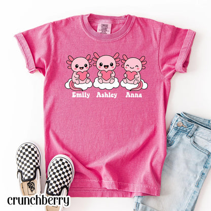 Axolotl Comfort Colors Kids Valentines Day Shirt Names Cute Reptile Heart Shirt Kids Birthday Custom Youth Birthday Shirt Axolotl Lover Gift