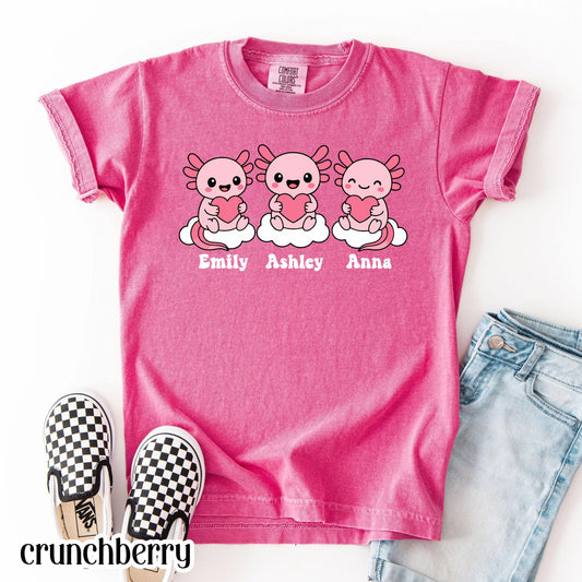 Axolotl Comfort Colors Kids Valentines Day Shirt Names Cute Reptile Heart Shirt Kids Birthday Custom Youth Birthday Shirt Axolotl Lover Gift