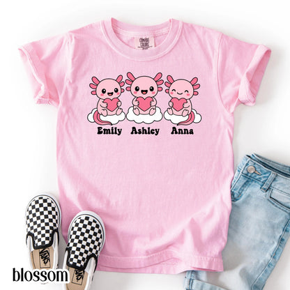 Axolotl Comfort Colors Kids Valentines Day Shirt Names Cute Reptile Heart Shirt Kids Birthday Custom Youth Birthday Shirt Axolotl Lover Gift