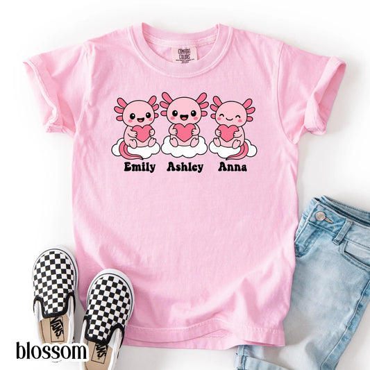 Axolotl Comfort Colors Kids Valentines Day Shirt Names Cute Reptile Heart Shirt Kids Birthday Custom Youth Birthday Shirt Axolotl Lover Gift