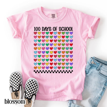 Youth 100 Days Of School Comfort Colors Shirt Kindergarten Kids First Grade TShirt Heart Girls School T-shirt Youth 100 Day School Tee Idea