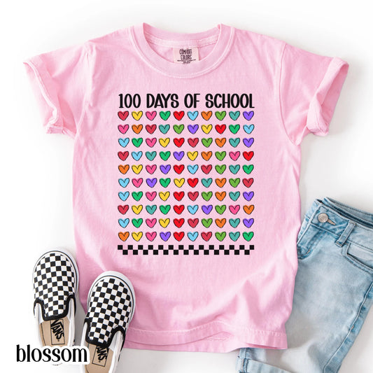 Youth 100 Days Of School Comfort Colors Shirt Kindergarten Kids First Grade TShirt Heart Girls School T-shirt Youth 100 Day School Tee Idea